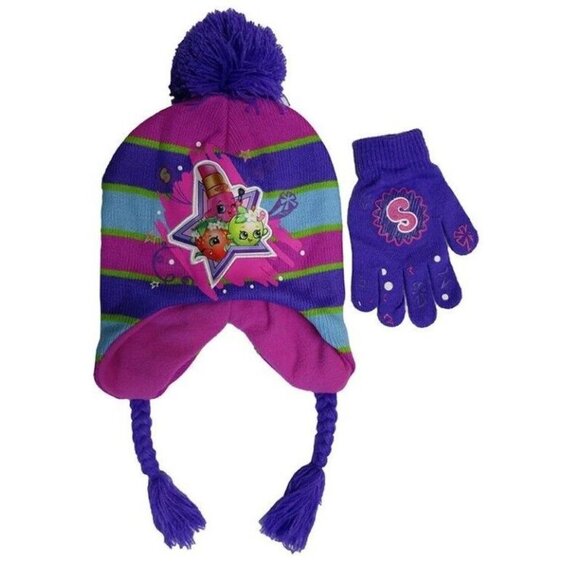 Shopkins Girls Purple & Pink Striped Scandinavian Hat and Gloves One Size Gift - Picture 1 of 6